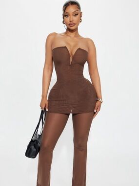 Strapless Deep V Brown Mini Mesh Pants set